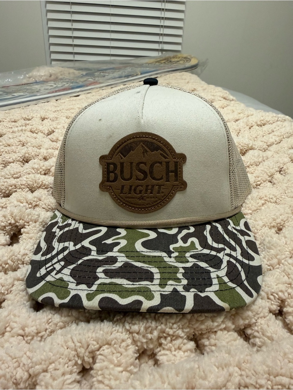 Busch Light Leather Patch Trucker Hat - Beige & Camo